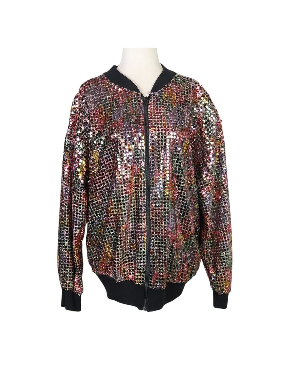 Vintage 80s Jeri Marque Sequin Mirror Iridescent Rainbow Bomber Jacket M